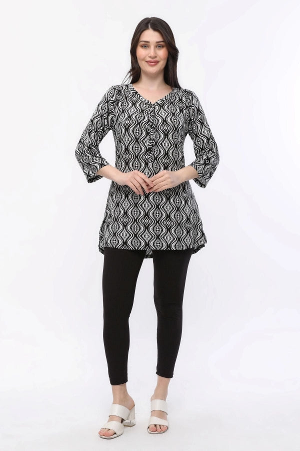 Büyük Beden Desenli Önü Düğmeli Fakir Kol Bluz E15156 Vervegrand