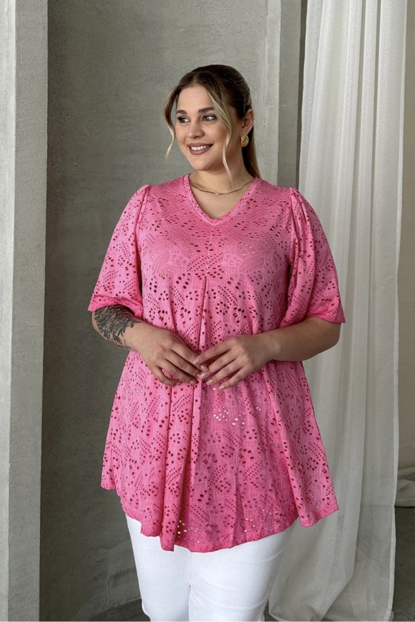 Büyük Beden V Yaka Kısa Kollu Dantel Detaylı Astarsız Bluz 302956 Vervegrand