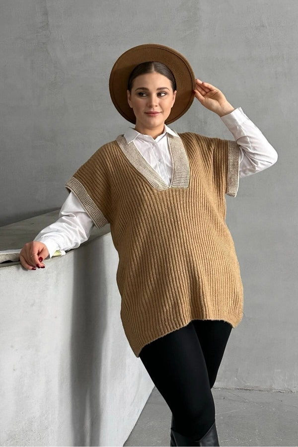 Büyük Beden V Yaka Kısa Kollu Triko Süveter 302135 Vervegrand