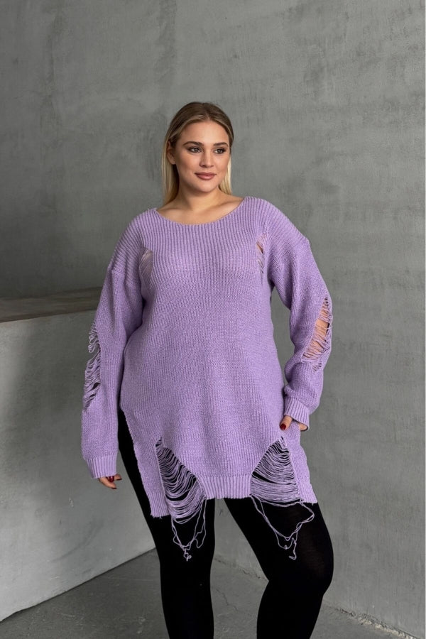 Büyük Beden Uzun Kollu Bisiklet Yaka Yırtık Detaylı Triko Kazak T-3 Vervegrand