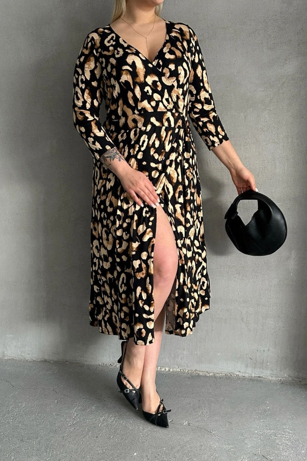 Büyük Beden Yarım Kollu V Yaka Kemer Detaylı Leopar Desenli Elbise 100-92 Vervegrand