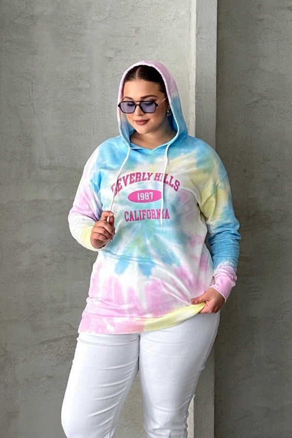 Büyük Beden Batik Desenli Kapüşonlu Baskılı İnce Sweatshirt 303144 Vervegrand