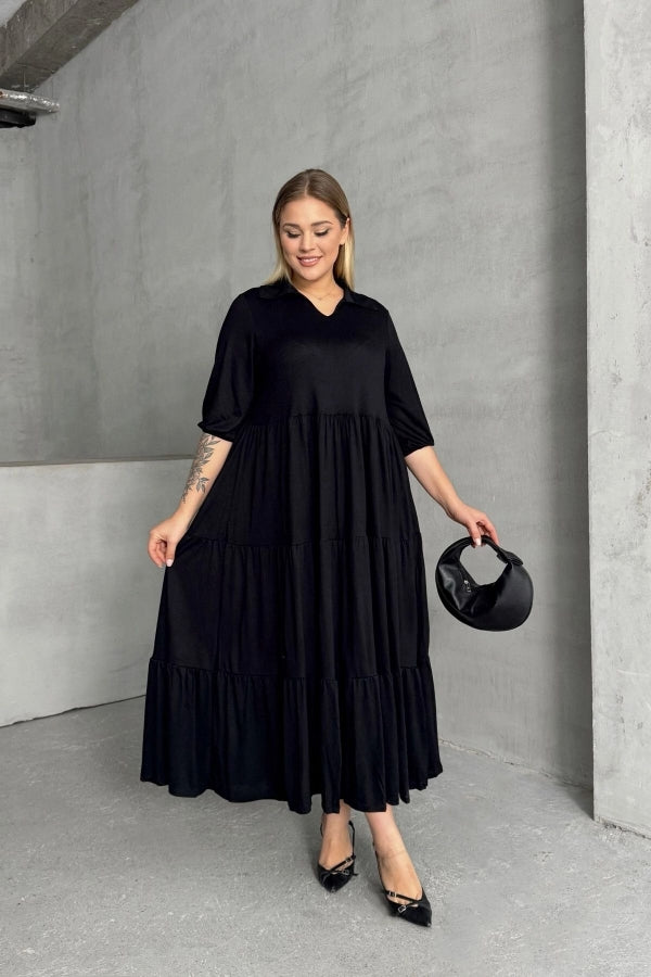 Büyük Beden V Yaka Yarım Kollu Beli Lastikli Uzun Elbise 302150 Vervegrand