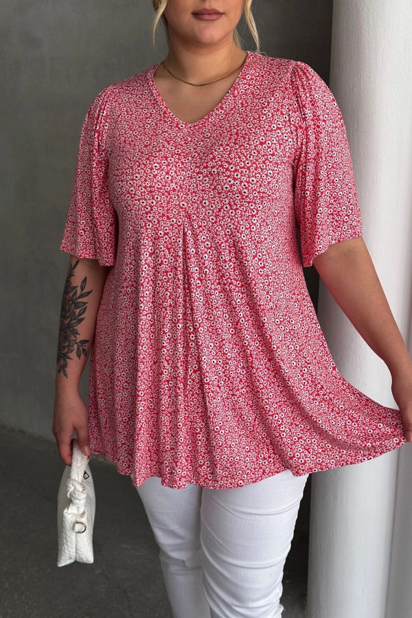 Büyük Beden V Yaka Kısa Kollu Eteği Bollaşan Desenli Bluz 98-5 Vervegrand