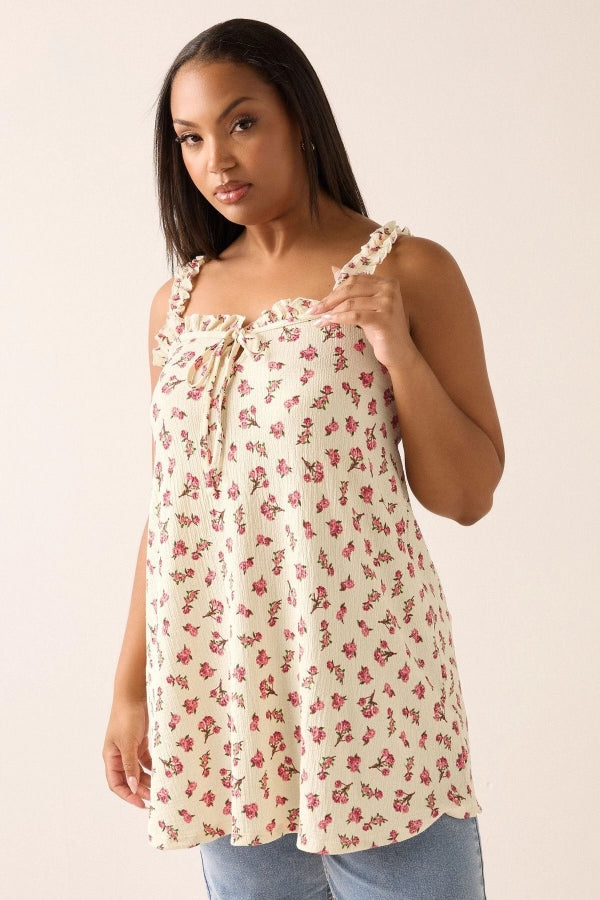 Büyük Beden Çiçek Desenli Bürümcük Kumaş Kare Yaka Kolsuz Bluz 322688 Vervegrand