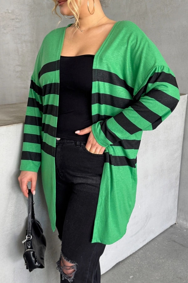 Büyük Beden Midi Boy Uzun Kollu Çizgili İnce Hırka 301568 Vervegrand