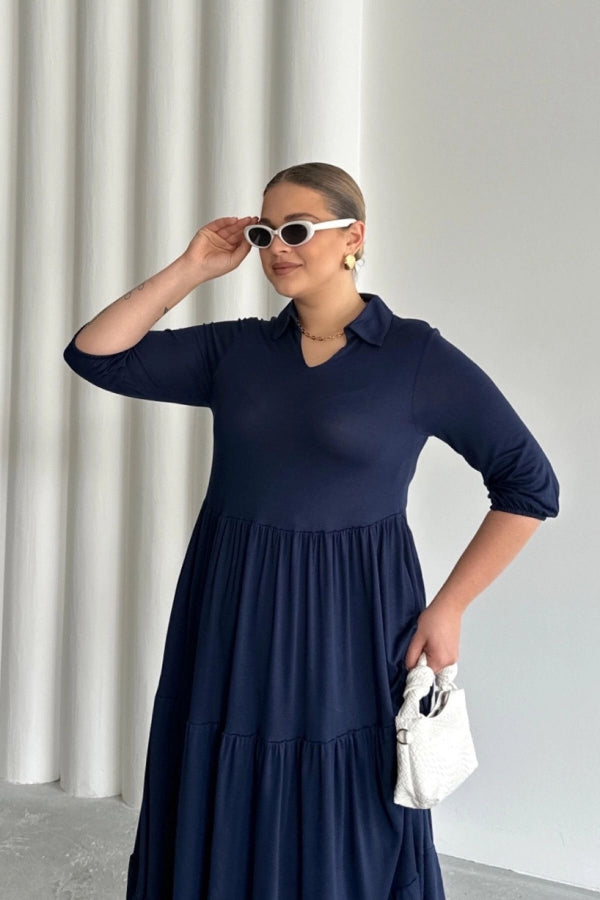 Büyük Beden V Yaka Yarım Kollu Beli Lastikli Uzun Elbise T44 Vervegrand