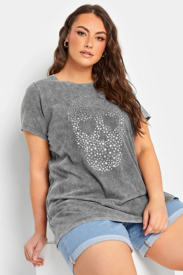 Büyük Beden Yıldızlı Kuru Kafa Baskılı Yıkamalı Yarım Kollu T-shirt 302191 Vervegrand