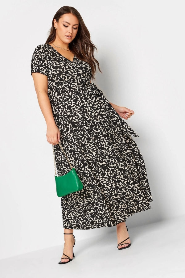 Büyük Beden V Yaka Desenli Kuşaklı Likralı Yarım Kol Anvelop Elbise 137587 Vervegrand