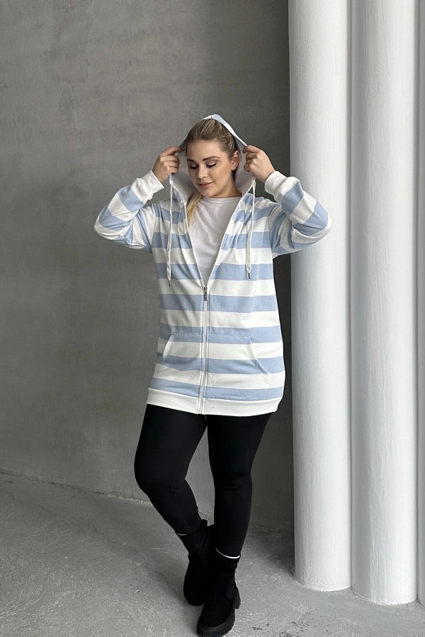 Büyük Beden Uzun Kollu Kapüşonlu Cepli Fermuarlı Hırka 74-104 Vervegrand