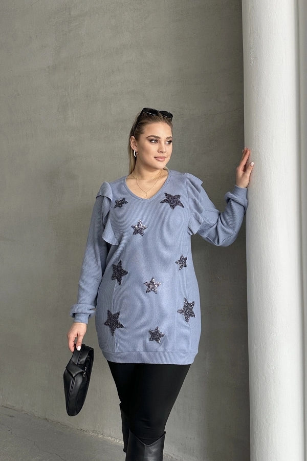 Büyük Beden Uzun Kolları Fırfırlı Yıldız Desen İşlemeli Bluz 301234 Vervegrand