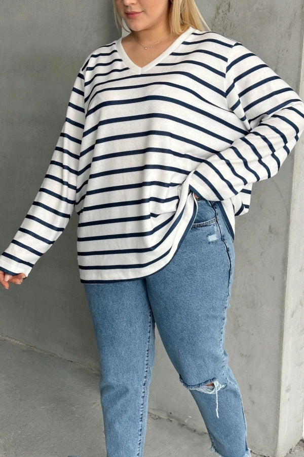 Büyük Beden Uzun Kollu Çizgili Mevsimlik T-shirt SD-1063 Vervegrand