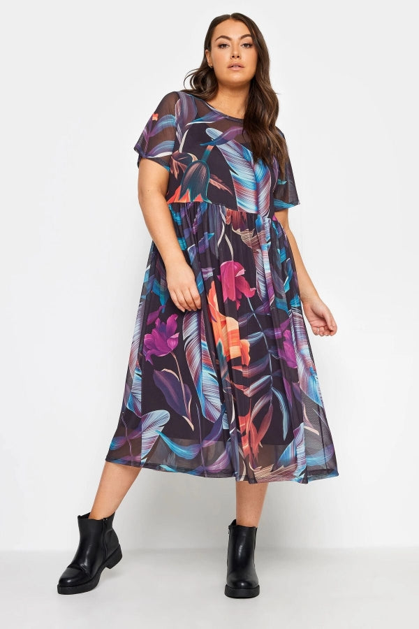 Büyük Beden Bisiklet Yaka İçi Astarlı Desenli Midi Boy Tül Elbise 302708 Vervegrand