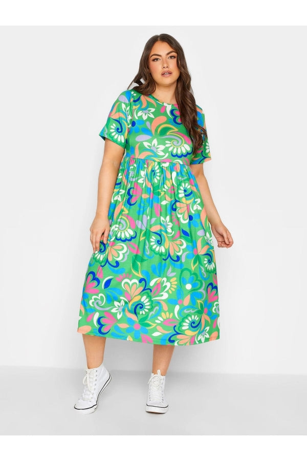 Büyük Beden Bisiklet Yaka Çiçek Desenli Midi Boy Elbise 137388 Vervegrand