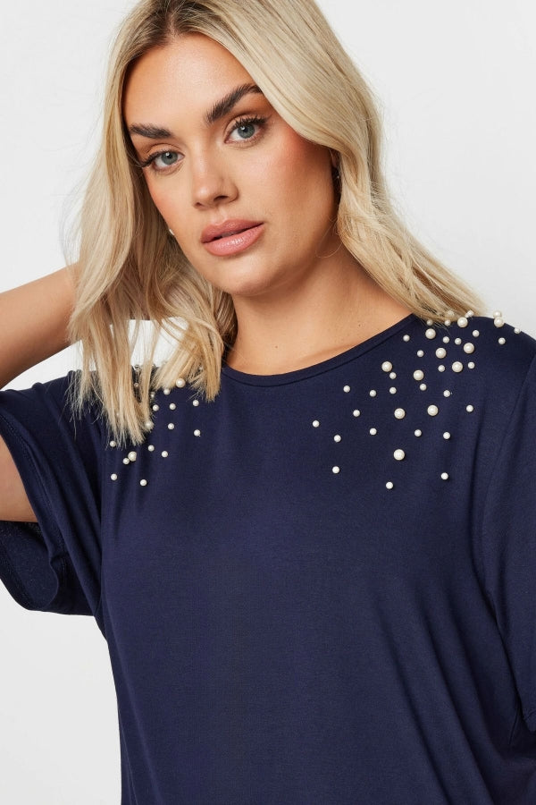 Büyük Beden Bisiklet Yaka Kısa Kollu İnci İşlemeli T-shirt 321885 Vervegrand
