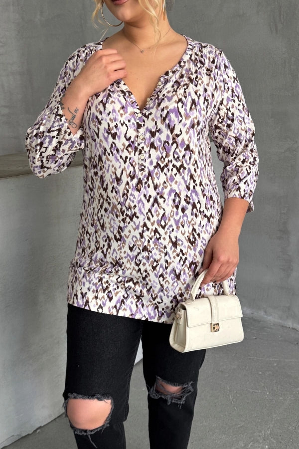 Büyük Beden V Yaka Önü Düğmeli Kolları Katlama Detaylı Likralı Bluz 1017 Vervegrand