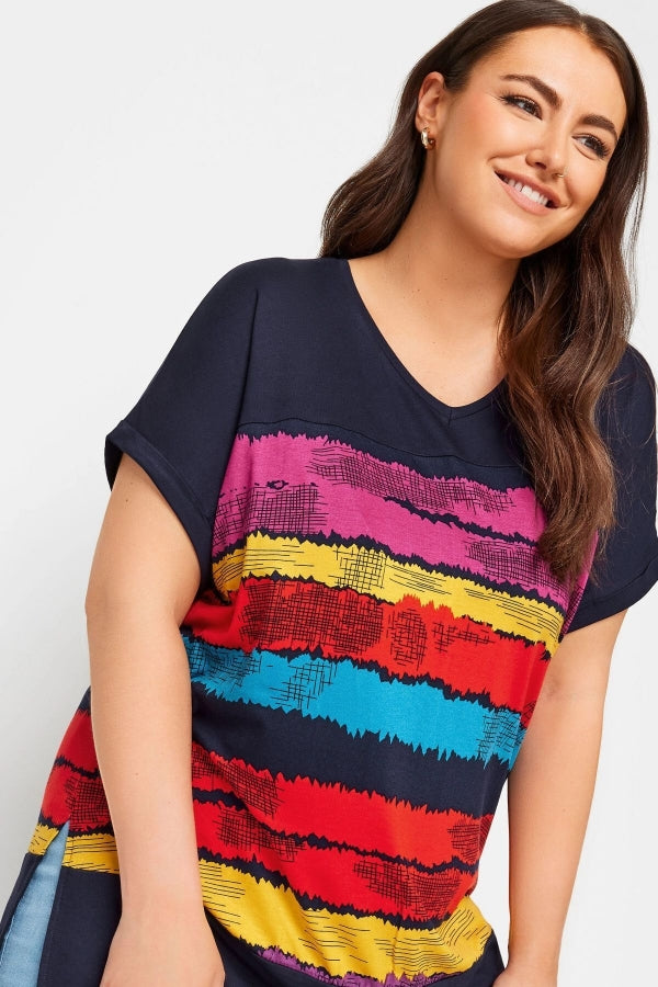 Büyük Beden V Yaka Kısa Kollu Çizgili T-shirt 303120 Vervegrand