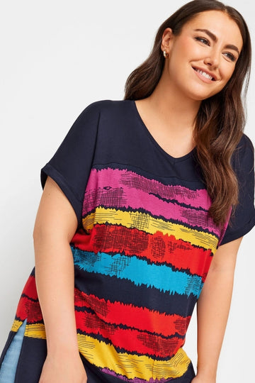 Büyük Beden V Yaka Kısa Kollu Çizgili T-shirt 303120 Vervegrand