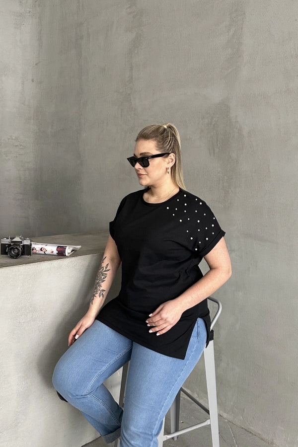 Büyük Beden Kısa Kollu Bisiklet Yaka Yanları Yırtmaçlı Boncuklu Basic T-shirt RFT-03 Vervegrand