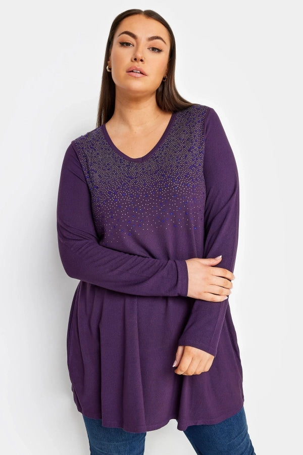 Büyük Beden V Yaka Uzun Kollu Önü Taş İşlemeli Bluz 302919 Vervegrand