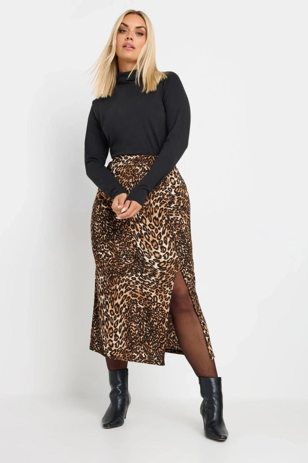 Büyük Beden Beli Lastikli Yırtmaçlı Leopar Desenli Midi Boy Etek 303706 Vervegrand