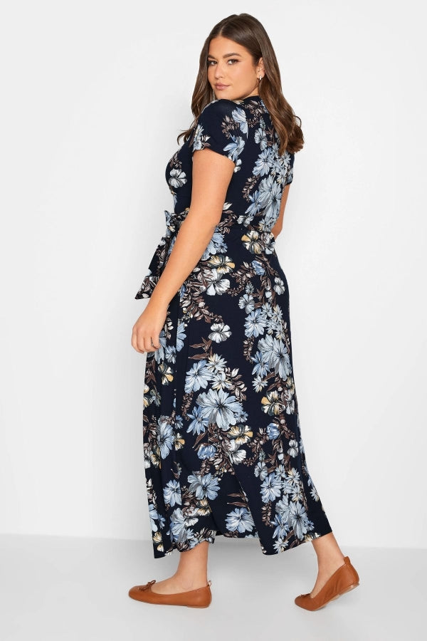 Büyük Beden V Yaka Kısa Kollu Kuşaklı Desenli Uzun Elbise 301784 Vervegrand