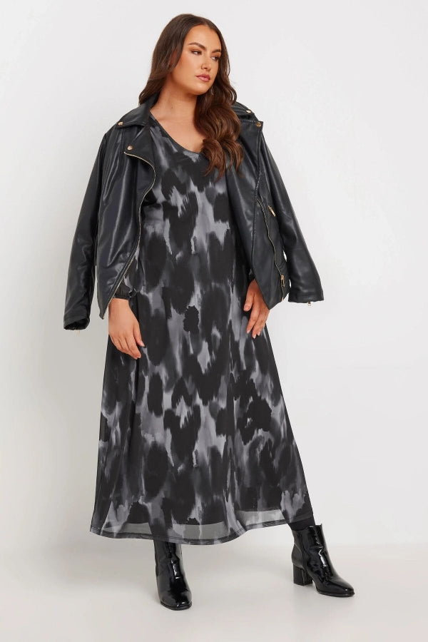 Vervegrand büyük beden siyah desenli v yaka uzun elbise