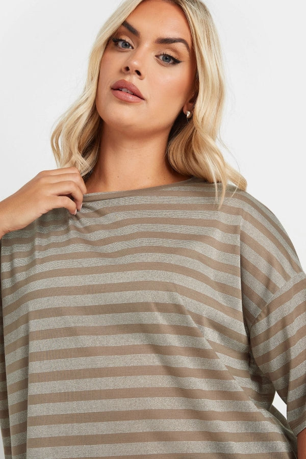 Büyük Beden Bisiklet Yaka Kısa Kollu Çizgili Yanları Yırtmaçlı T-shirt 303612 Vervegrand