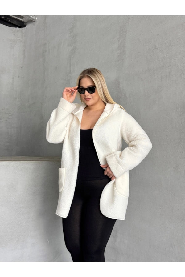 Büyük Beden Önü Kapamasız Cepli Kapüşonlu İnce Peluş Ceket 301256 Vervegrand