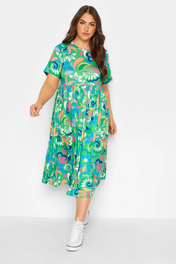 Büyük Beden Bisiklet Yaka Çiçek Desenli Midi Boy Elbise 137388 Vervegrand