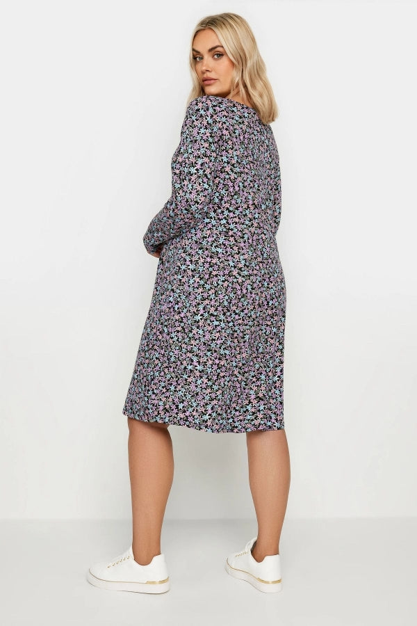 Büyük Beden V Yaka Uzun Kollu Desenli Midi Boy Elbise 137784 Vervegrand