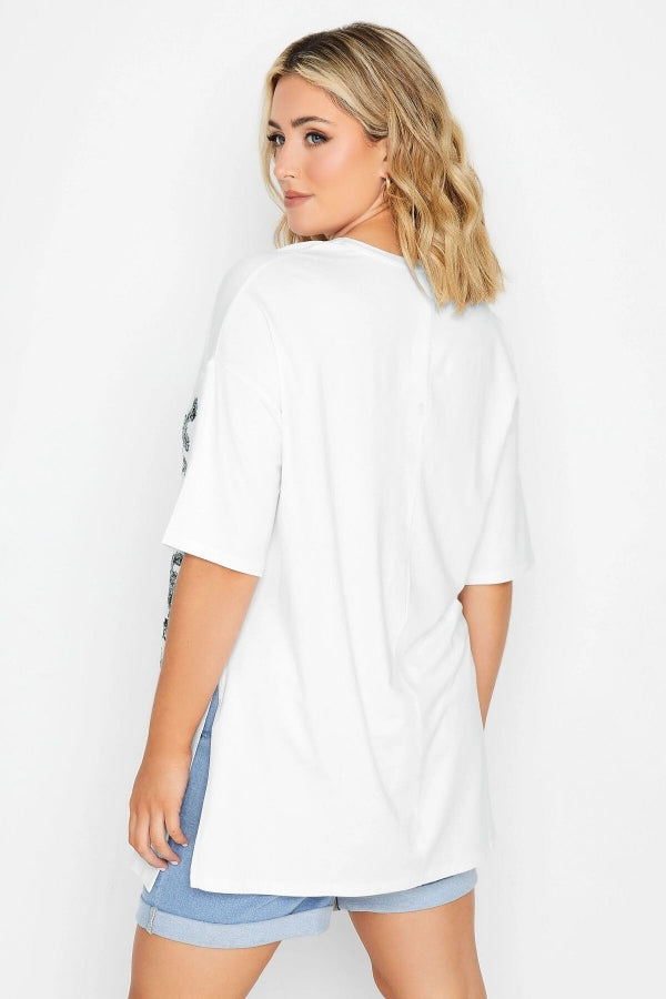 Büyük Beden Yanı Yırtmaç Detaylı Payet İşlemeli Yarım Kollu V Yaka T-shirt 302088 Vervegrand