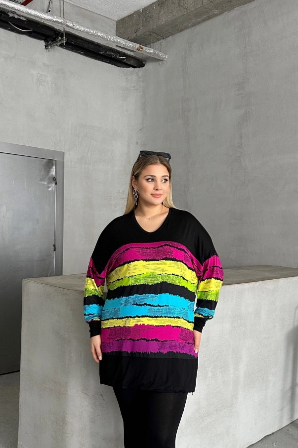 Büyük Beden V Yaka Çizgili Yanları Yırtmaçlı Uzun Kollu Bluz 302014 Vervegrand