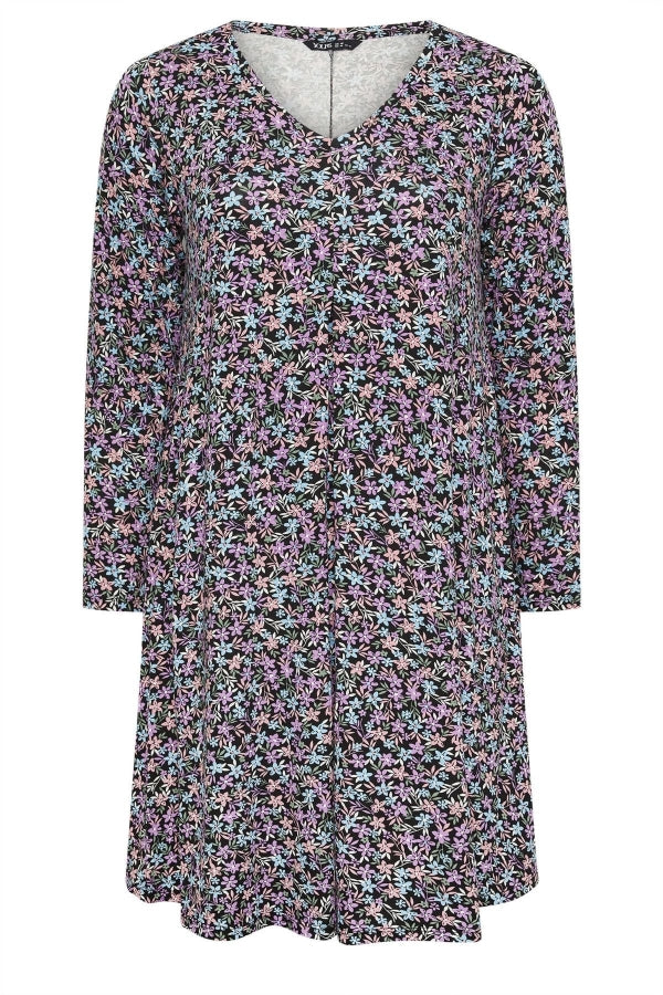 Büyük Beden V Yaka Uzun Kollu Desenli Midi Boy Elbise 137784 Vervegrand