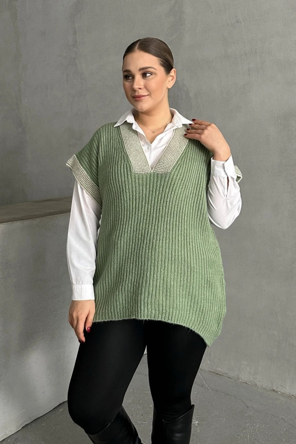 Büyük Beden V Yaka Kısa Kollu Triko Süveter 302136 Vervegrand
