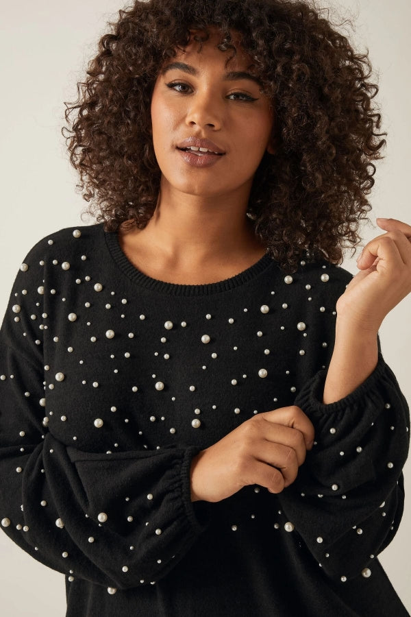 Büyük Beden Bisiklet Yaka Balon Kol Boncuk İşlemeli Triko Elbise 615669 Vervegrand