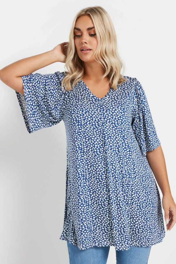 Büyük Beden V Yaka Kısa Kollu Eteği Bollaşan Desenli Bluz 303624 Vervegrand