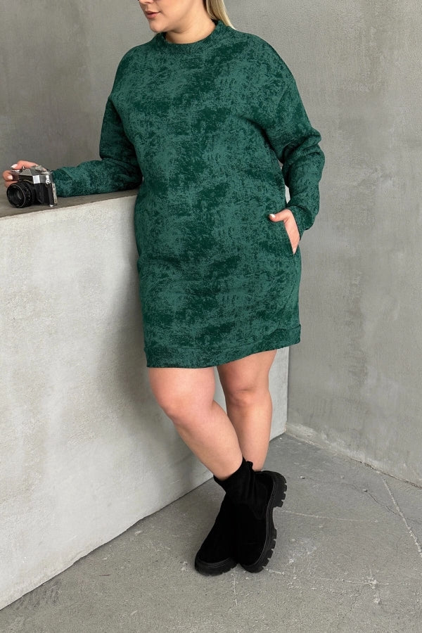 Büyük Beden Uzun Kollu Bisiklet Yaka Cepli Desenli Elbise 106-77 Vervegrand