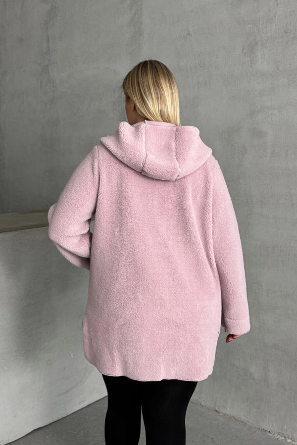 Büyük Beden Uzun Kollu Kapüşonlu Önü Kapamasız Cepli Peluş Ceket 97-14 Vervegrand