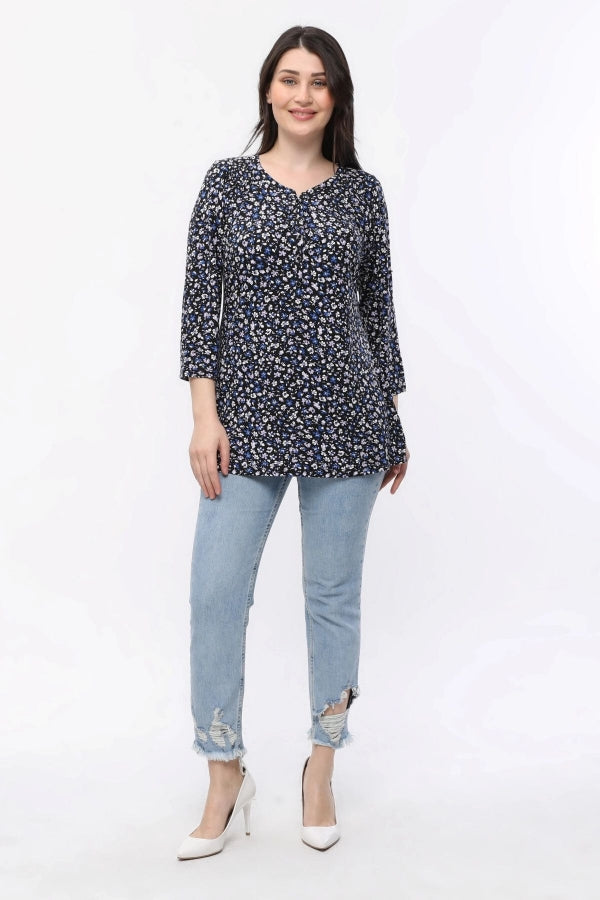 Büyük Beden Çiçek Desenli Önü Düğmeli Fakir Kol Bluz E15156 Vervegrand