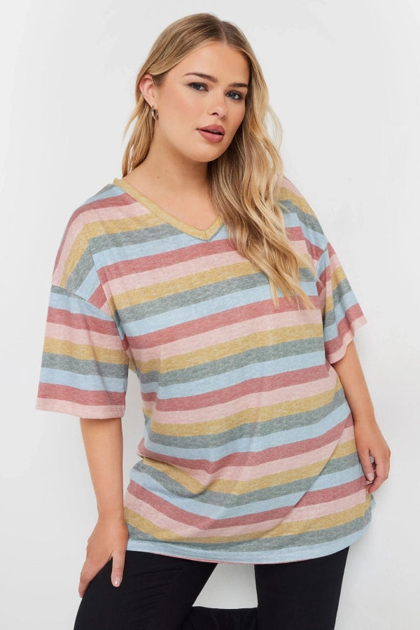 Büyük Beden V Yaka Kısa Kollu Çizgili T-shirt 303524 Vervegrand