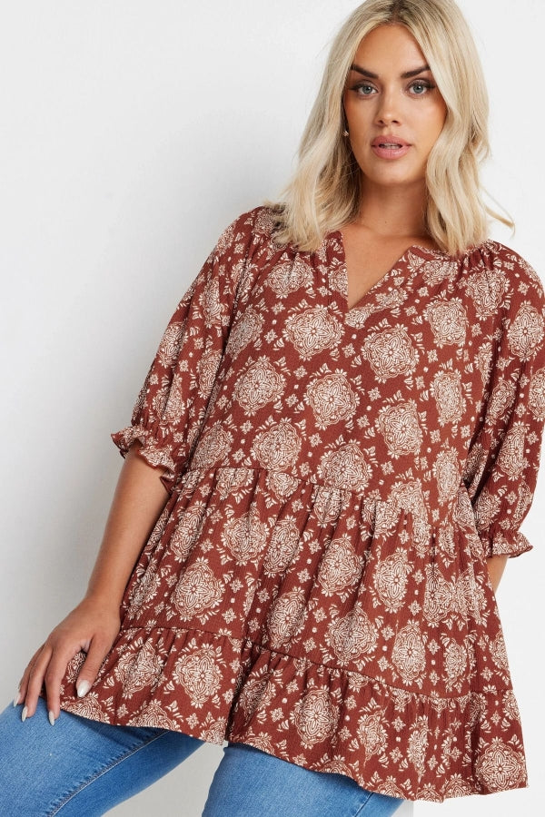 Büyük Beden V Yaka Yarım Kollu Fırfır Detaylı Desenli Bluz 321990 Vervegrand