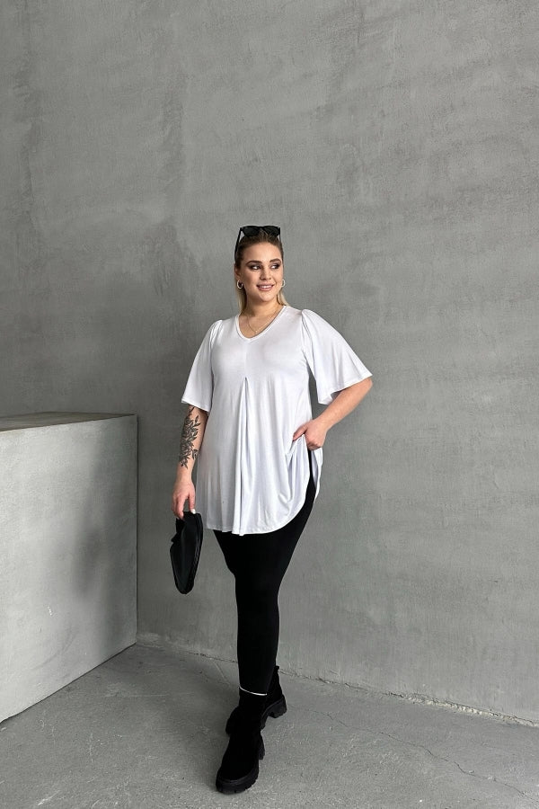 Büyük Beden V Yaka Desensiz Asimetrik Kesim Likralı Bluz MDL-2 Vervegrand