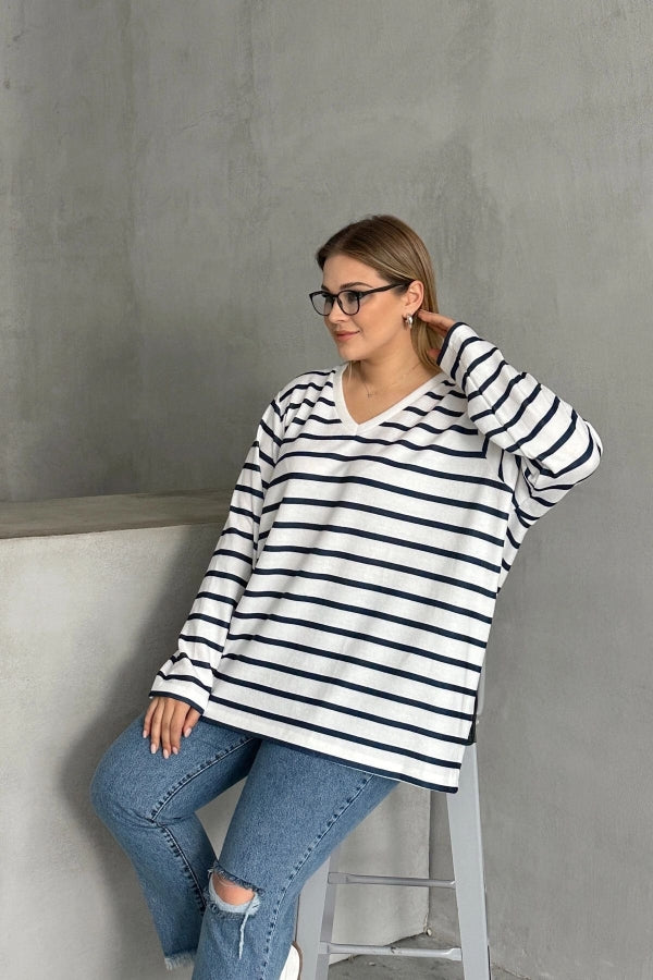 Vervegrand büyük beden çizgili uzun kollu v yaka t-shirt önden görünüm