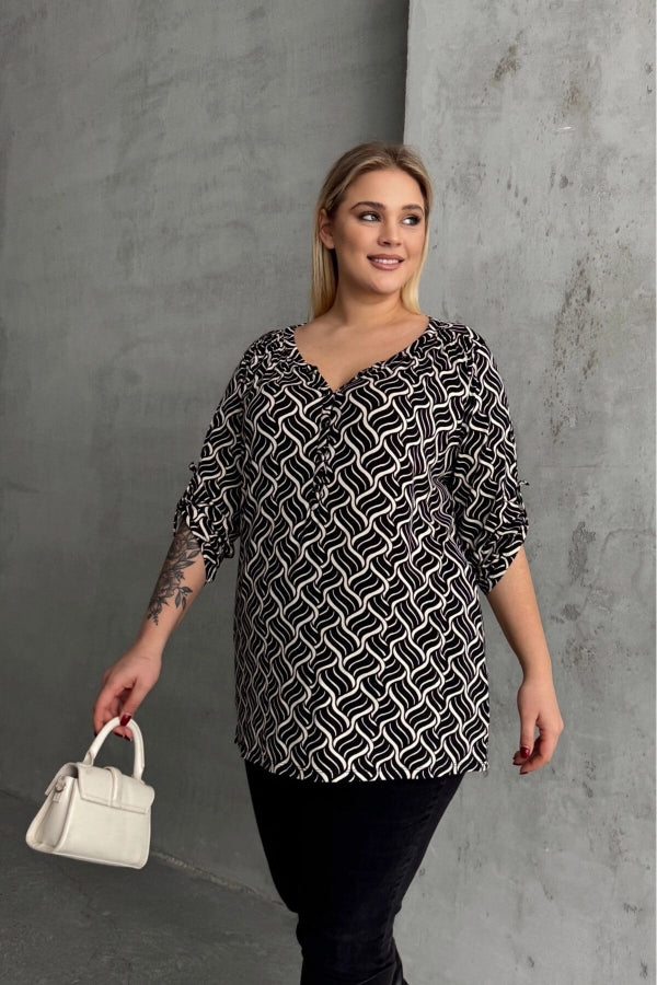 Büyük Beden V Yaka Önü Düğmeli Kolları Katlama Detaylı Likralı Bluz 1016 Vervegrand