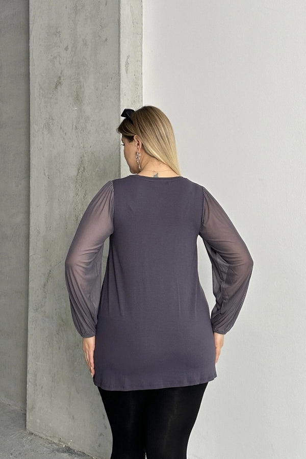 Büyük Beden Uzun Tül Kol Önü Taş İşlemeli Bisiklet Yaka Bluz 321850-U Vervegrand