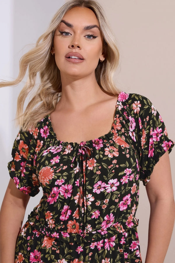 Büyük Beden Kısa Kollu Çiçek Desenli Yakası Büzgülü Maxi Elbise 270237 Vervegrand