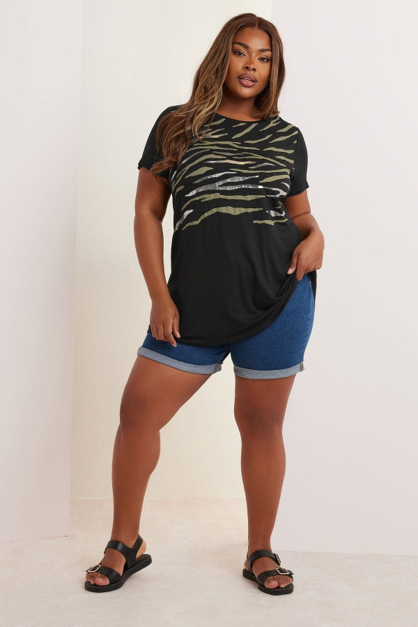 Büyük Beden Kısa Kollu Bisiklet Yaka Metalik Baskılı T-shirt 304149 T-shirt Vervegrand