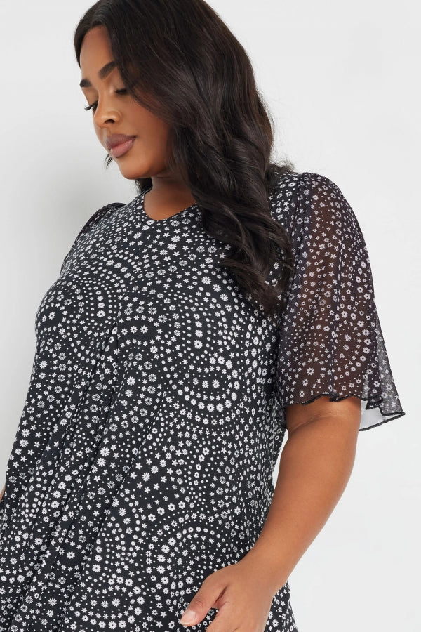 Büyük Beden V Yaka Kolları Tül Detaylı Desenli Bluz 321998 Vervegrand