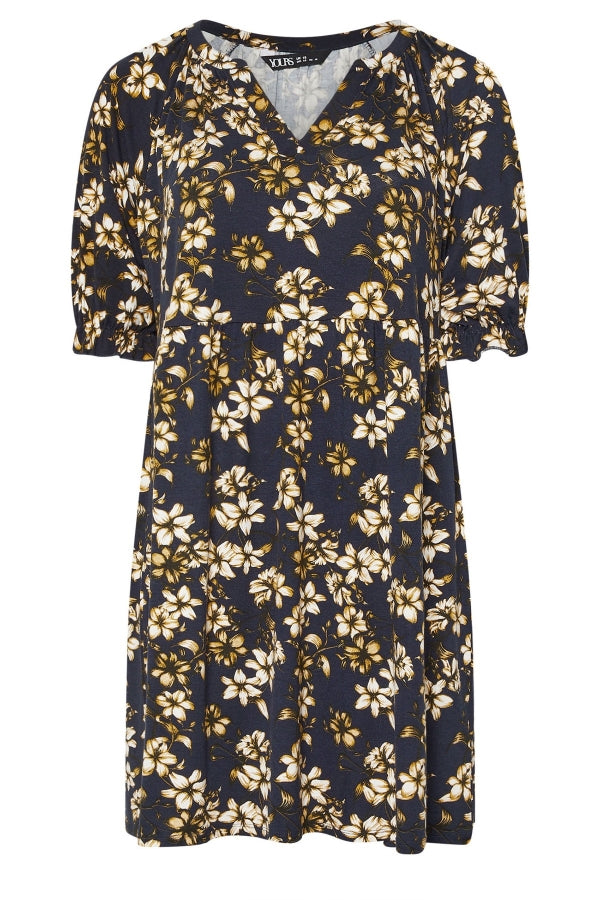 Büyük Beden V Yaka Kısa Kollu Çiçek Desenli Mini Elbise 304076 Elbise Vervegrand